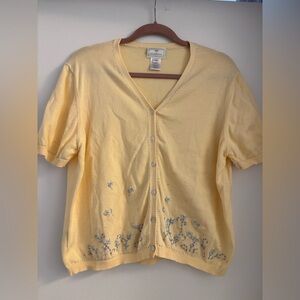 Susan Bristol Yellow Floral Embroidered Cardigan short sleeve vintage xl